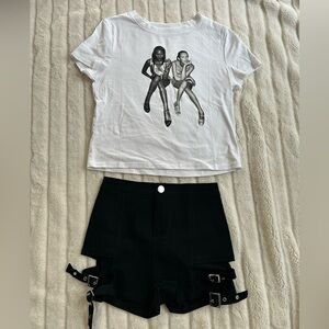 White Graphic Tee and Black Buckle Shorts Set, NWOT